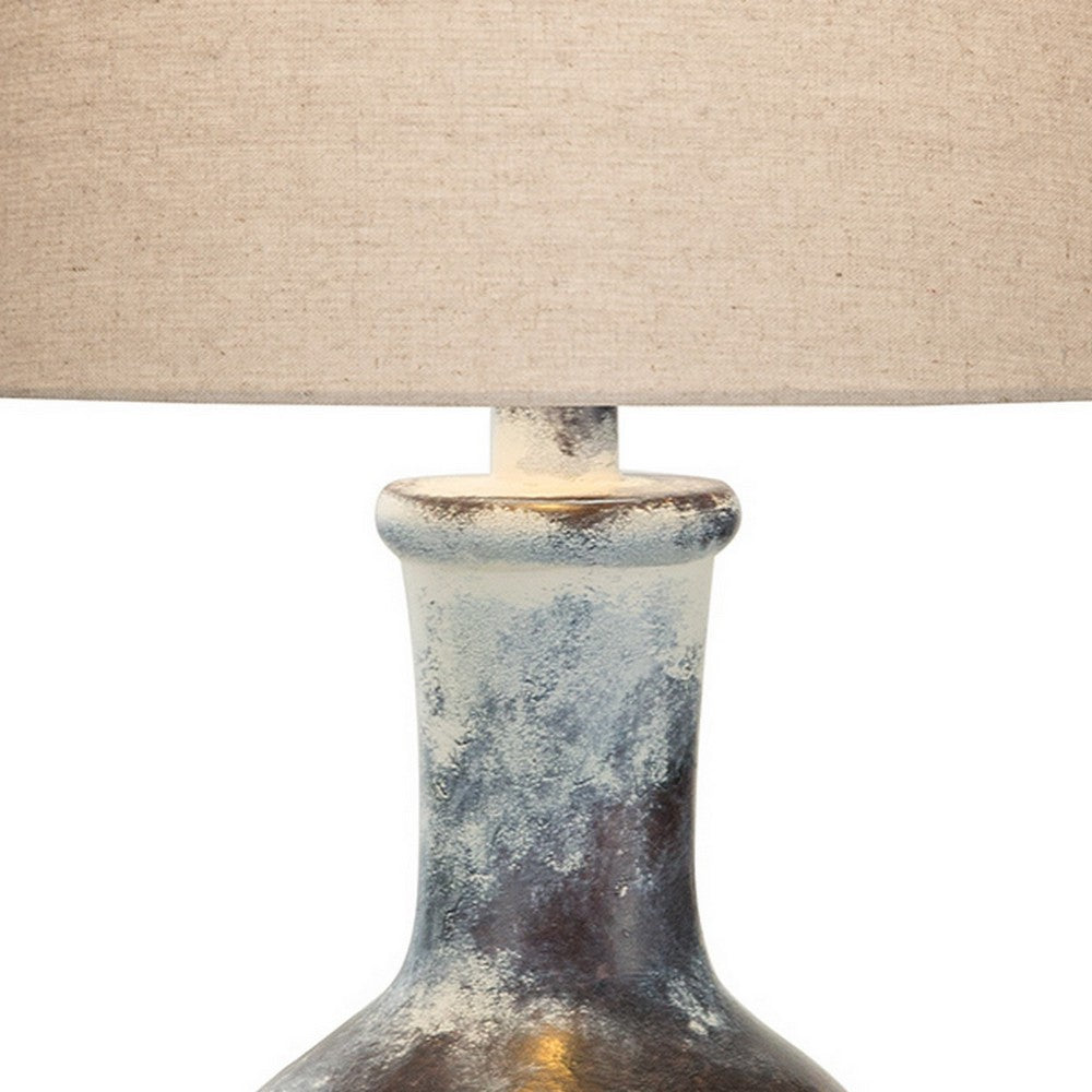 Benjara Aine 29 Inch Hydrocal Table Lamp, Drum Shade, Urn Shaped Base, Multicolor