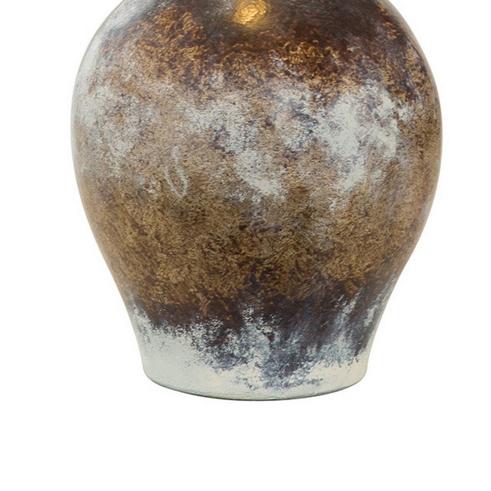 Benjara Aine 29 Inch Hydrocal Table Lamp, Drum Shade, Urn Shaped Base, Multicolor