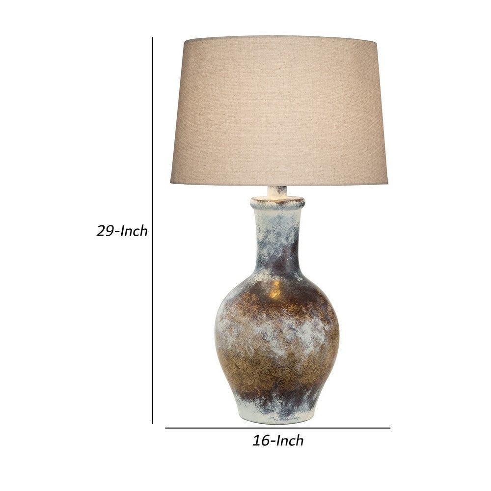 Benjara Aine 29 Inch Hydrocal Table Lamp, Drum Shade, Urn Shaped Base, Multicolor
