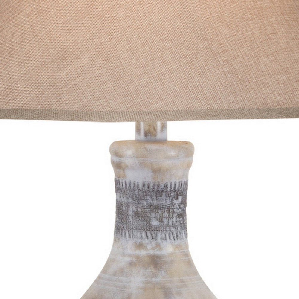 Benjara Niek 30 Inch Hydrocal Table Lamp, Empire Shade, Urn Base, Oak White Finish