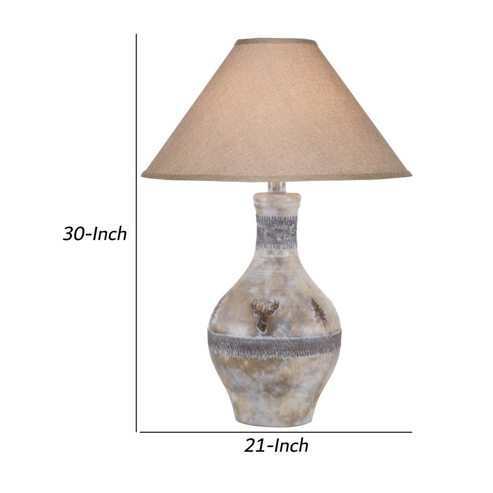Benjara Niek 30 Inch Hydrocal Table Lamp, Empire Shade, Urn Base, Oak White Finish