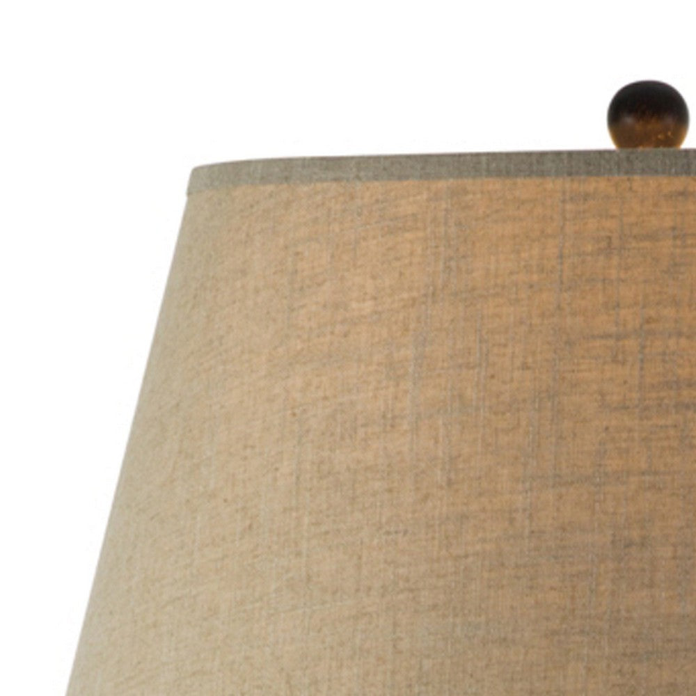 Benjara Reis 25 Inch Hydrocal Table Lamp, Beige Empire Shade, Round Base, Brown