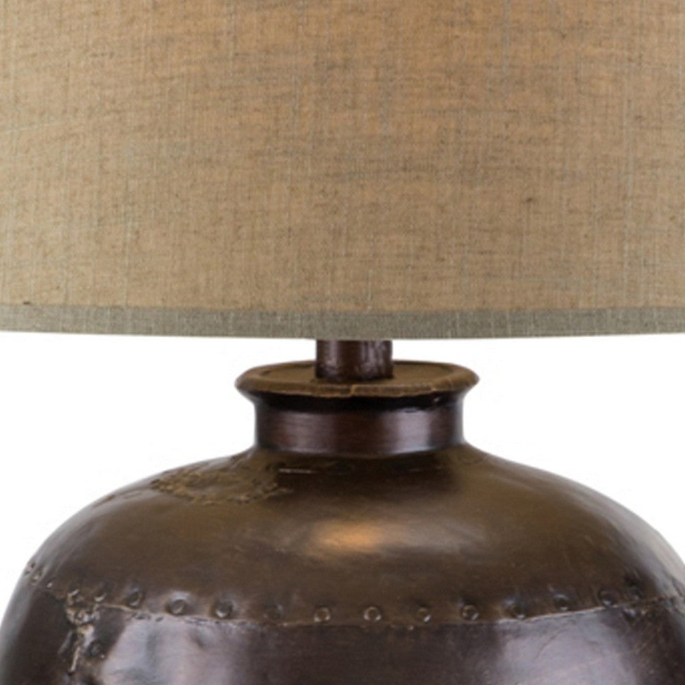 Benjara Reis 25 Inch Hydrocal Table Lamp, Beige Empire Shade, Round Base, Brown
