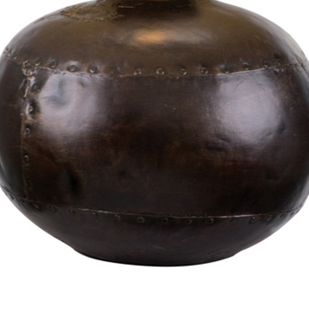 Benjara Reis 25 Inch Hydrocal Table Lamp, Beige Empire Shade, Round Base, Brown