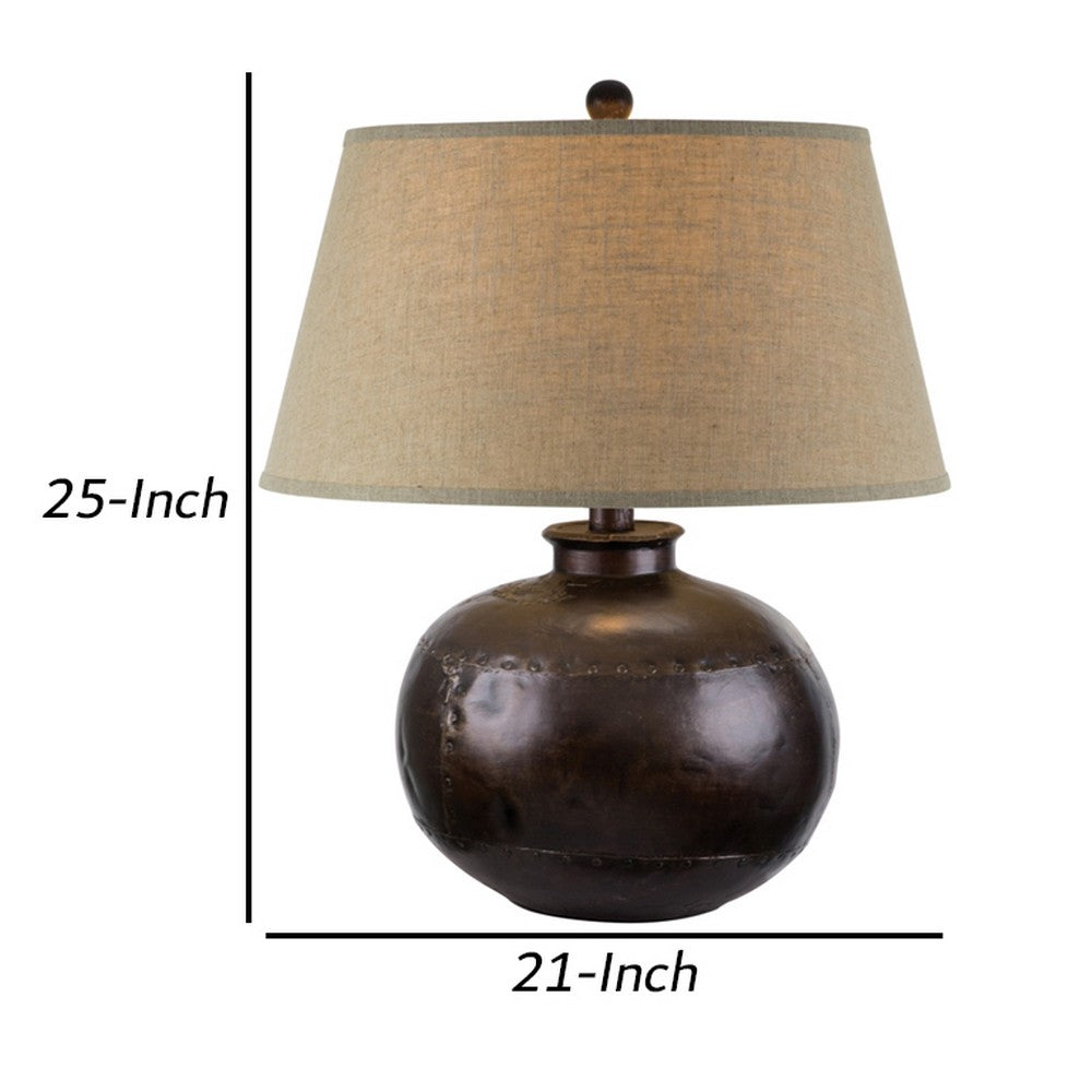Benjara Reis 25 Inch Hydrocal Table Lamp, Beige Empire Shade, Round Base, Brown