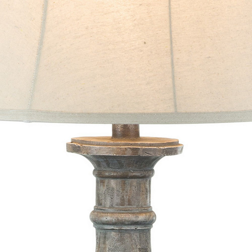 Benjara Slek 32 Inch Hydrocal Table Lamp, Empire Shade, Pillar Base, Taupe Frost