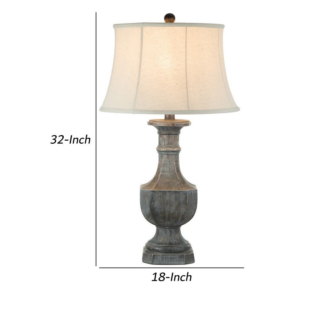 Benjara Slek 32 Inch Hydrocal Table Lamp, Empire Shade, Pillar Base, Taupe Frost