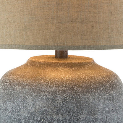 Benjara Buen 28 Inch Hydrocal Table Lamp, Drum Shade, Urn Base, Gray Rust Frost