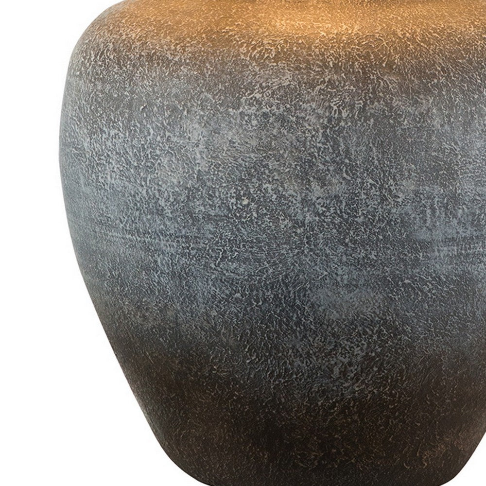 Benjara Buen 28 Inch Hydrocal Table Lamp, Drum Shade, Urn Base, Gray Rust Frost
