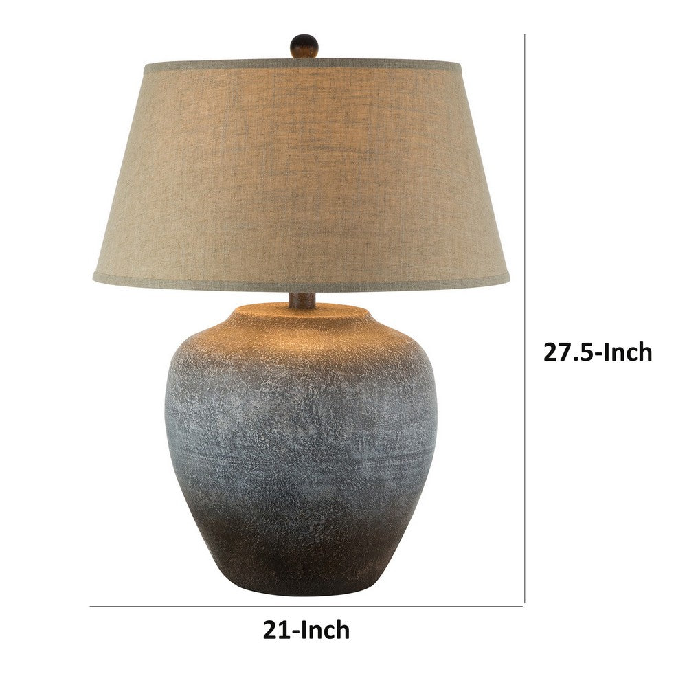 Benjara Buen 28 Inch Hydrocal Table Lamp, Drum Shade, Urn Base, Gray Rust Frost
