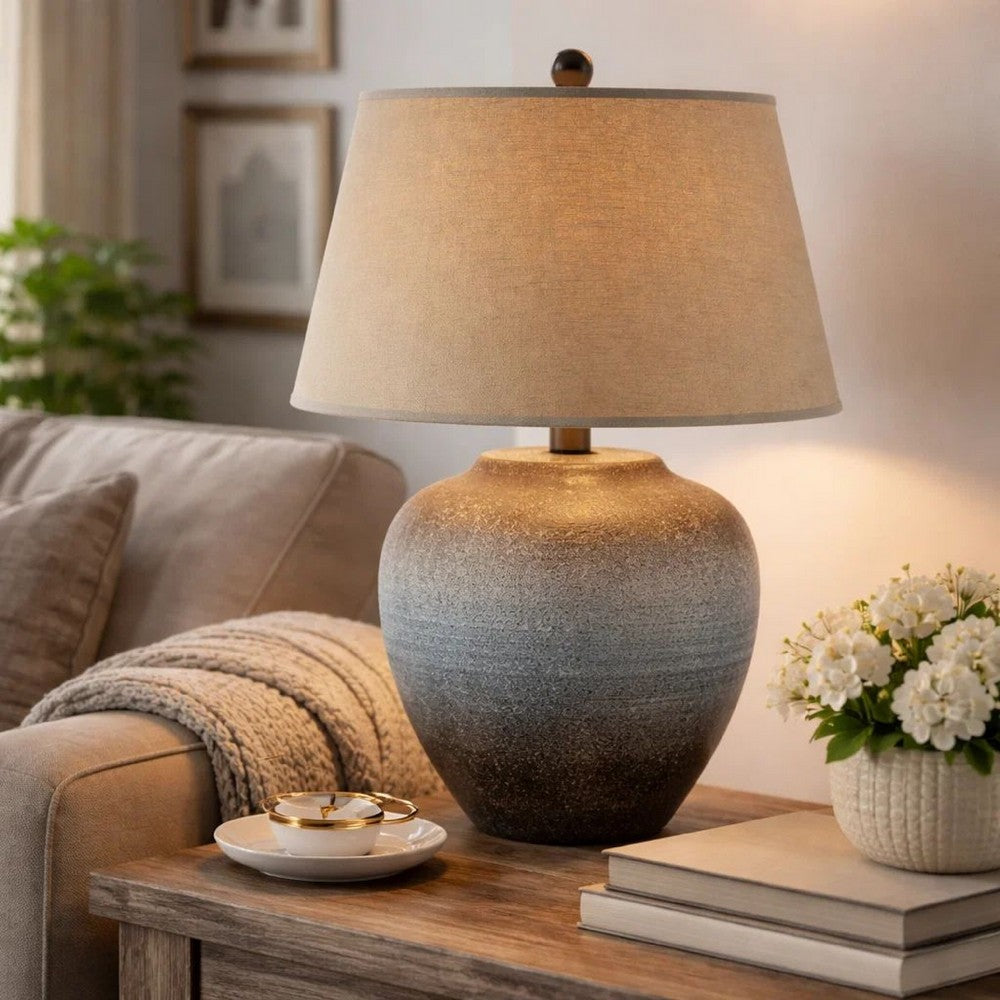 Benjara Buen 28 Inch Hydrocal Table Lamp, Drum Shade, Urn Base, Gray Rust Frost