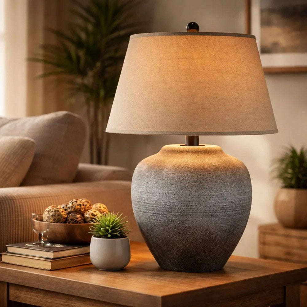 Benjara Buen 28 Inch Hydrocal Table Lamp, Drum Shade, Urn Base, Gray Rust Frost