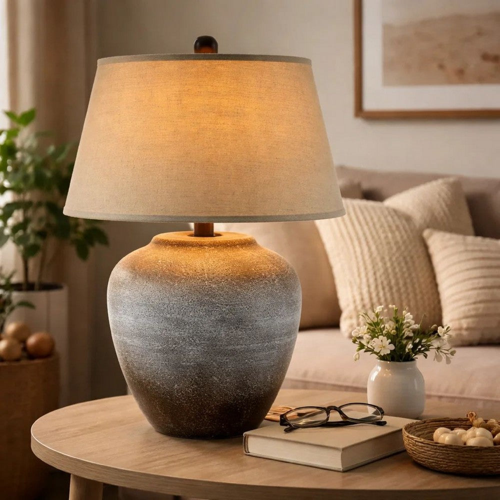 Benjara Buen 28 Inch Hydrocal Table Lamp, Drum Shade, Urn Base, Gray Rust Frost