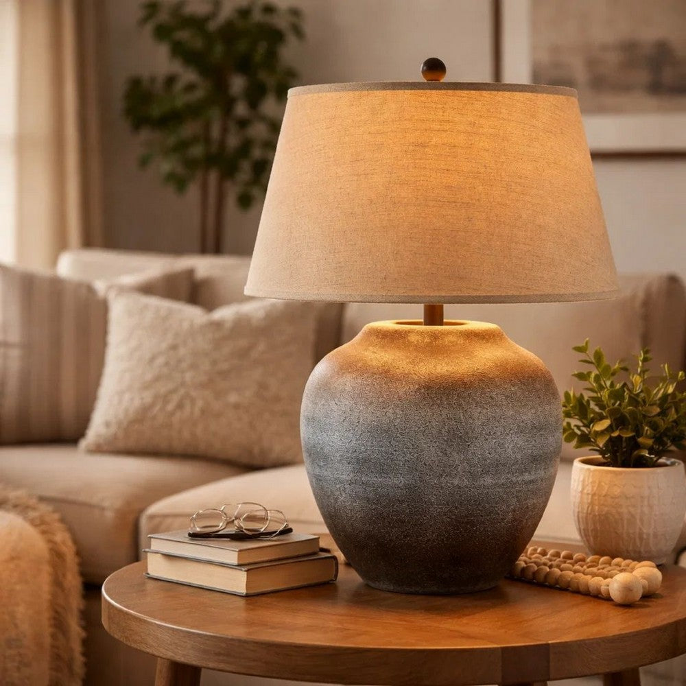 Benjara Buen 28 Inch Hydrocal Table Lamp, Drum Shade, Urn Base, Gray Rust Frost