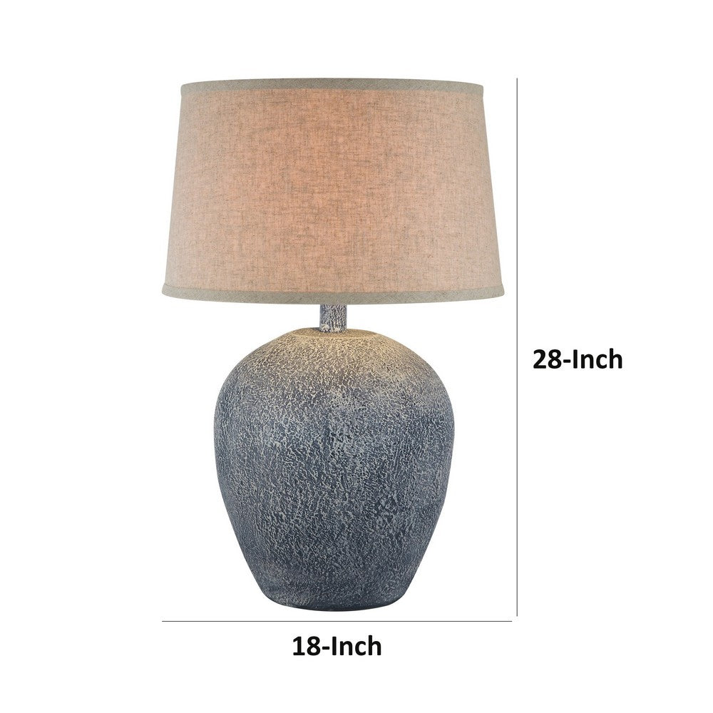 Benjara Linn 28 Inch Hydrocal Table Lamp, Drum Shade, Urn Base, Slate Blue Gray