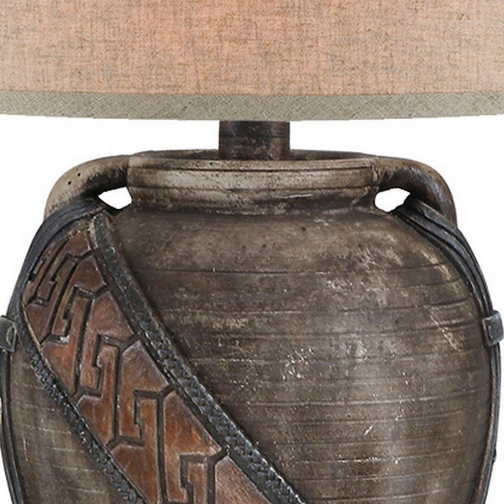 Benjara Livi 30 Inch Hydrocal Table Lamp, Geometric Urn Base, Dark Earthen Brown