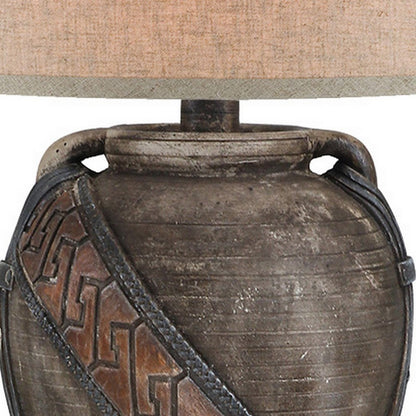 Benjara Livi 30 Inch Hydrocal Table Lamp, Geometric Urn Base, Dark Earthen Brown