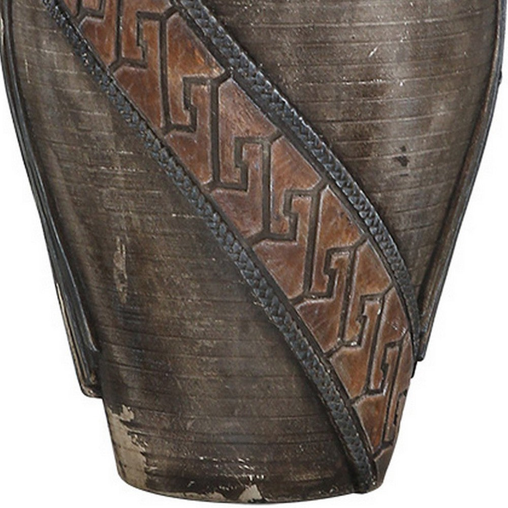 Benjara Livi 30 Inch Hydrocal Table Lamp, Geometric Urn Base, Dark Earthen Brown
