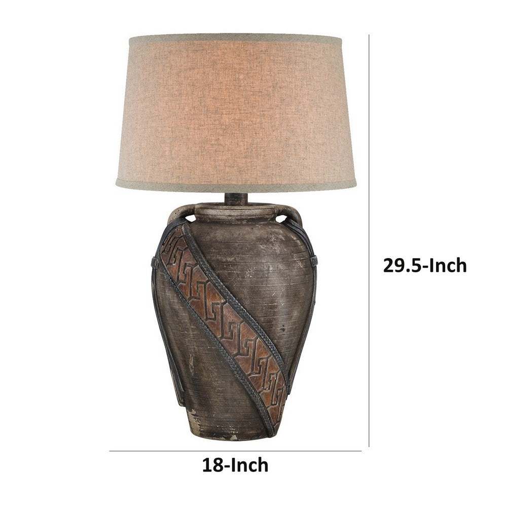 Benjara Livi 30 Inch Hydrocal Table Lamp, Geometric Urn Base, Dark Earthen Brown