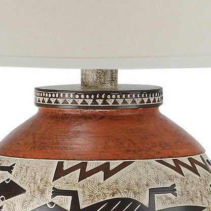 Benjara Kinn 24 Inch Hydrocal Table Lamp, Drum Shade, Tribal Style Urn Base, Brown