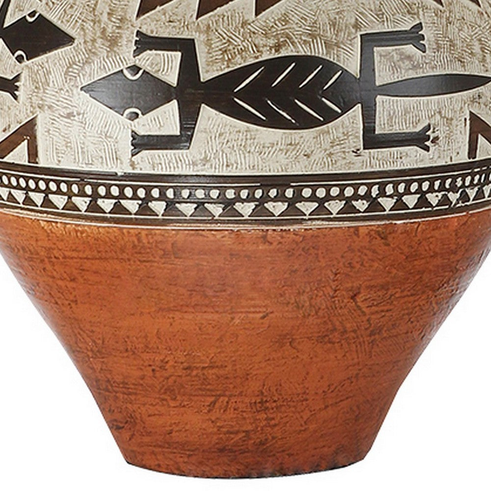 Benjara Kinn 24 Inch Hydrocal Table Lamp, Drum Shade, Tribal Style Urn Base, Brown