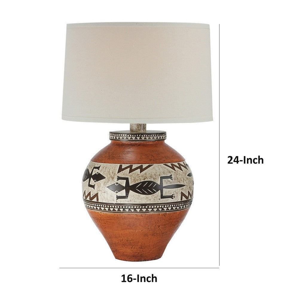 Benjara Kinn 24 Inch Hydrocal Table Lamp, Drum Shade, Tribal Style Urn Base, Brown