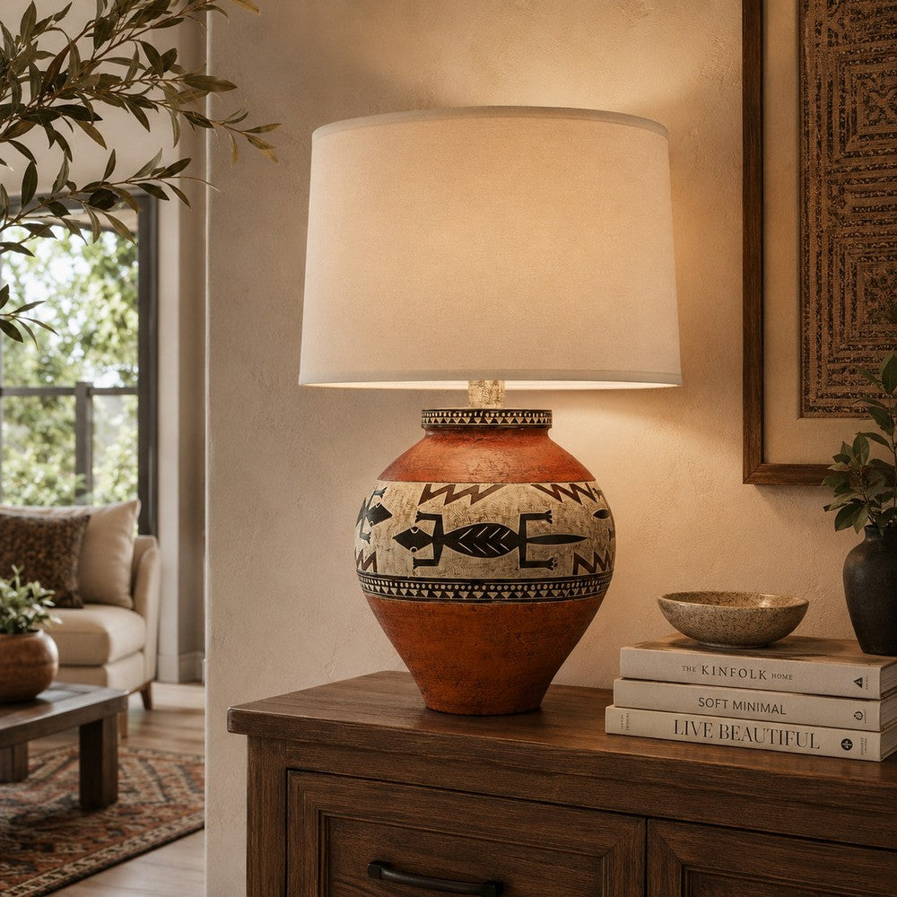 Benjara Kinn 24 Inch Hydrocal Table Lamp, Drum Shade, Tribal Style Urn Base, Brown