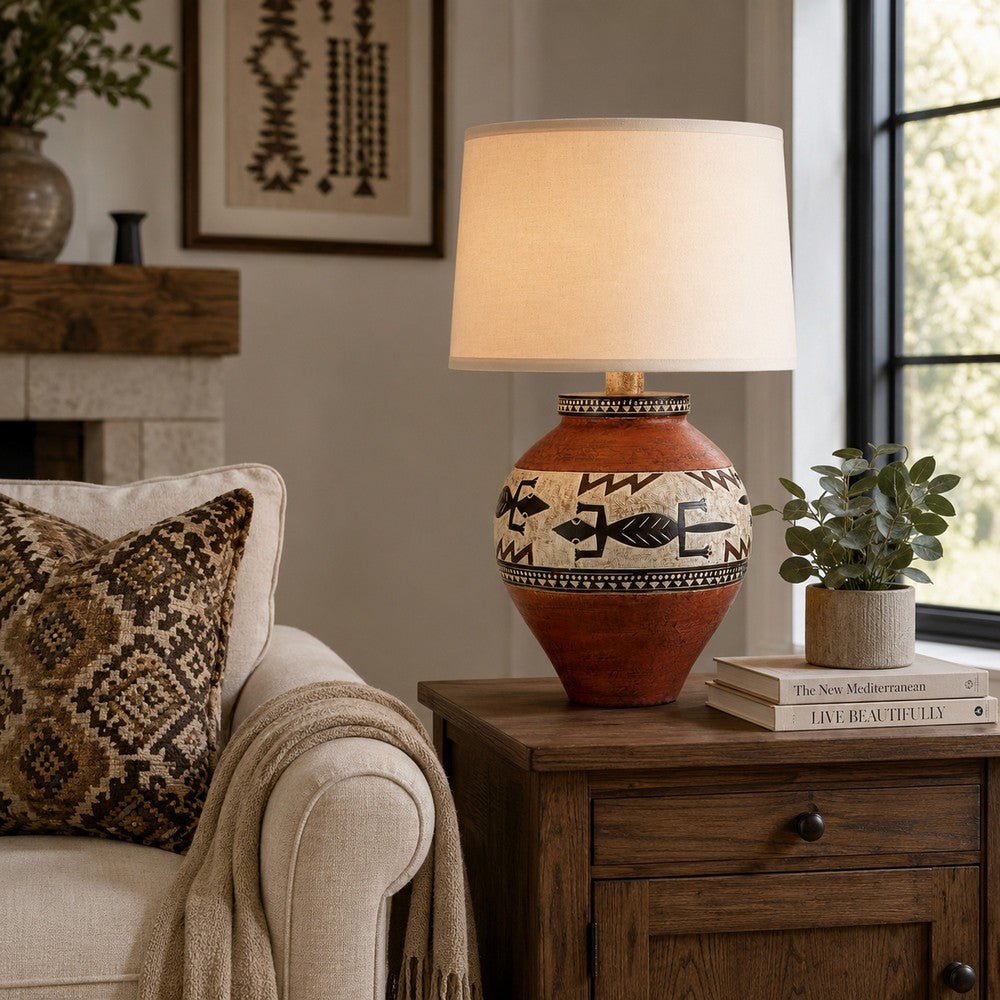Benjara Kinn 24 Inch Hydrocal Table Lamp, Drum Shade, Tribal Style Urn Base, Brown
