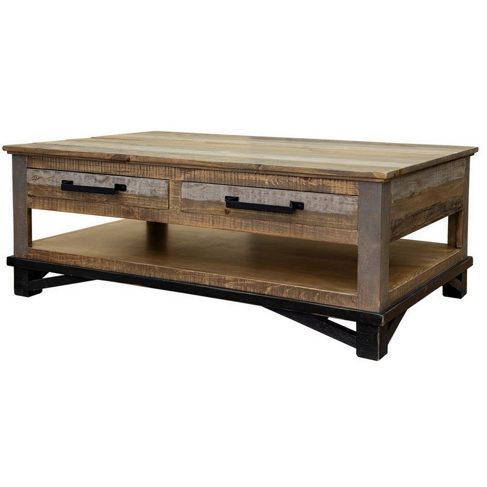 Benjara Peya 50 Inch 4 Drawer Coffee Table, Shelf, Distressed Gray, Brown Pine Wood
