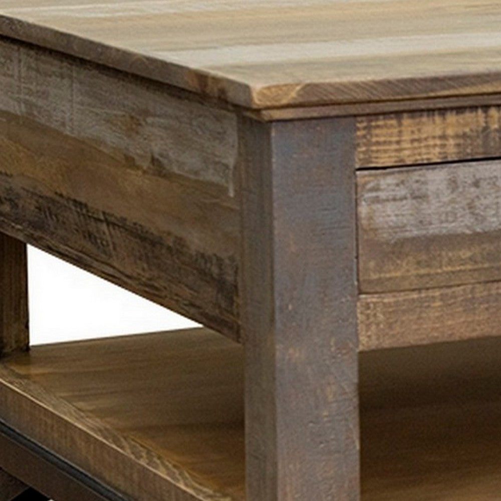 Benjara Peya 50 Inch 4 Drawer Coffee Table, Shelf, Distressed Gray, Brown Pine Wood
