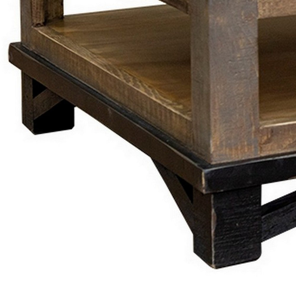 Benjara Peya 50 Inch 4 Drawer Coffee Table, Shelf, Distressed Gray, Brown Pine Wood