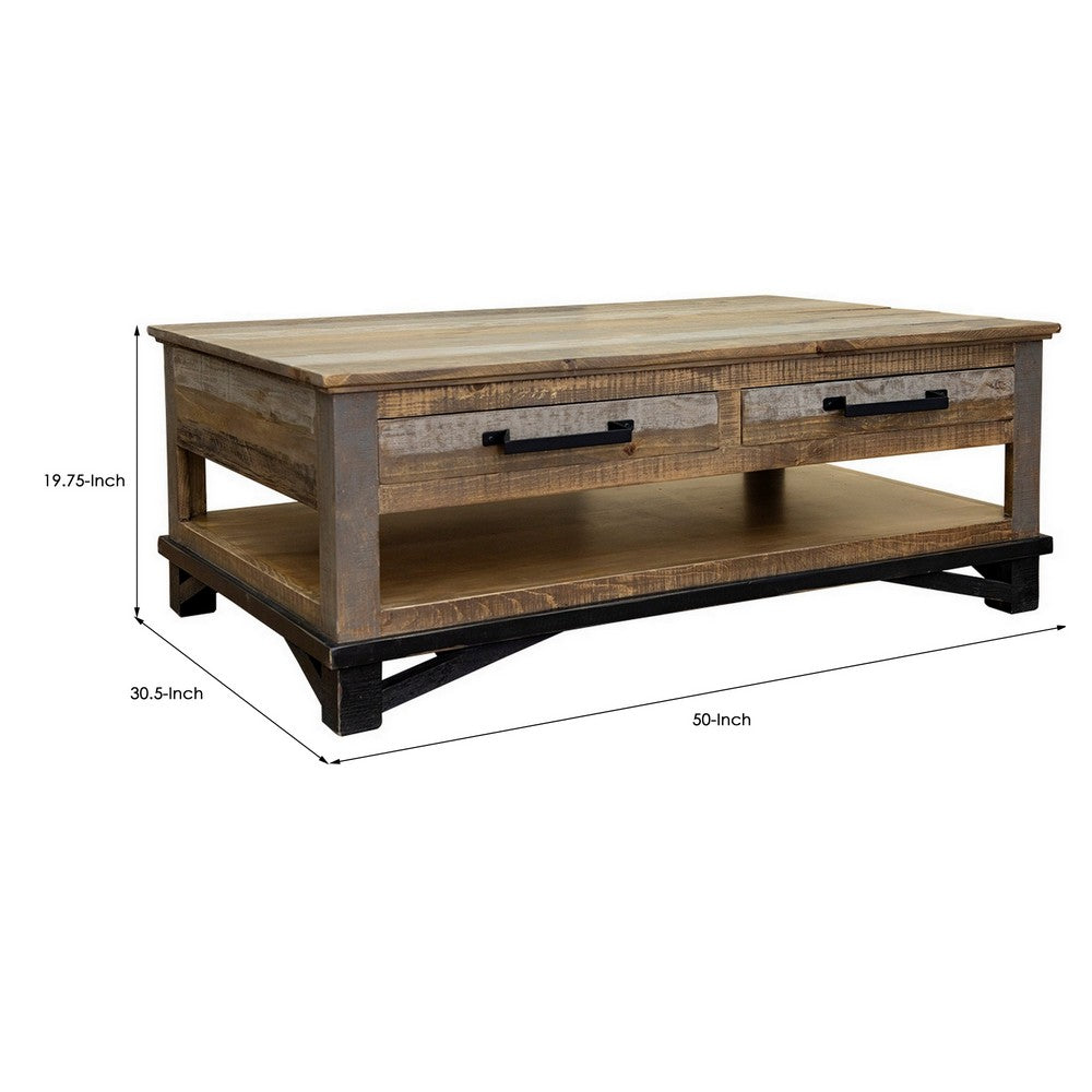 Benjara Peya 50 Inch 4 Drawer Coffee Table, Shelf, Distressed Gray, Brown Pine Wood