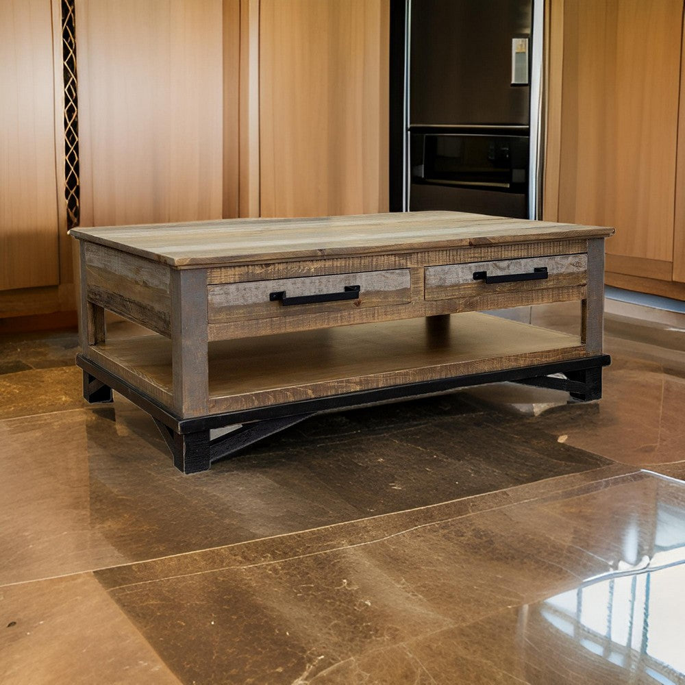 Benjara Peya 50 Inch 4 Drawer Coffee Table, Shelf, Distressed Gray, Brown Pine Wood