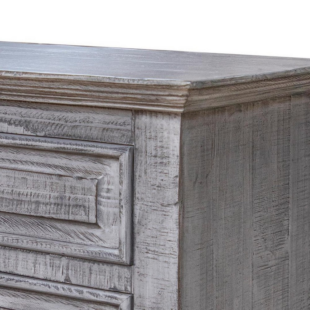 Benjara Siya 32 Inch Nightstand, 3 Drawers, Distressed Gray Pine Wood Molded Design
