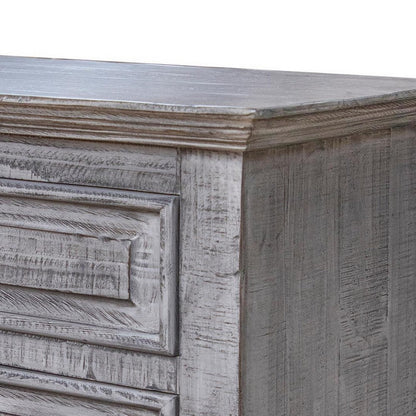 Benjara Siya 32 Inch Nightstand, 3 Drawers, Distressed Gray Pine Wood Molded Design