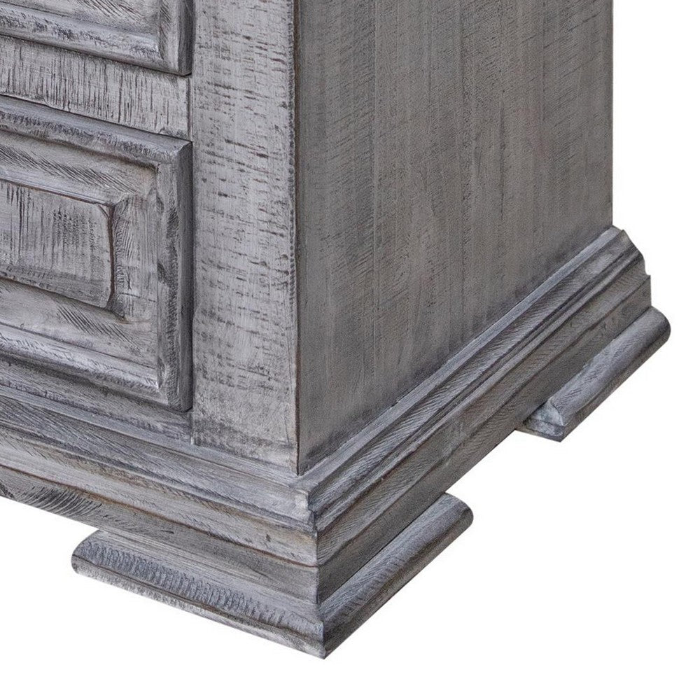 Benjara Siya 32 Inch Nightstand, 3 Drawers, Distressed Gray Pine Wood Molded Design