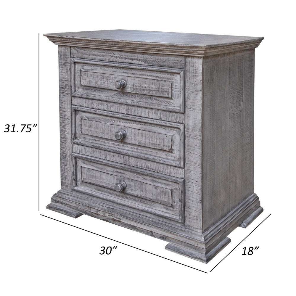Benjara Siya 32 Inch Nightstand, 3 Drawers, Distressed Gray Pine Wood Molded Design