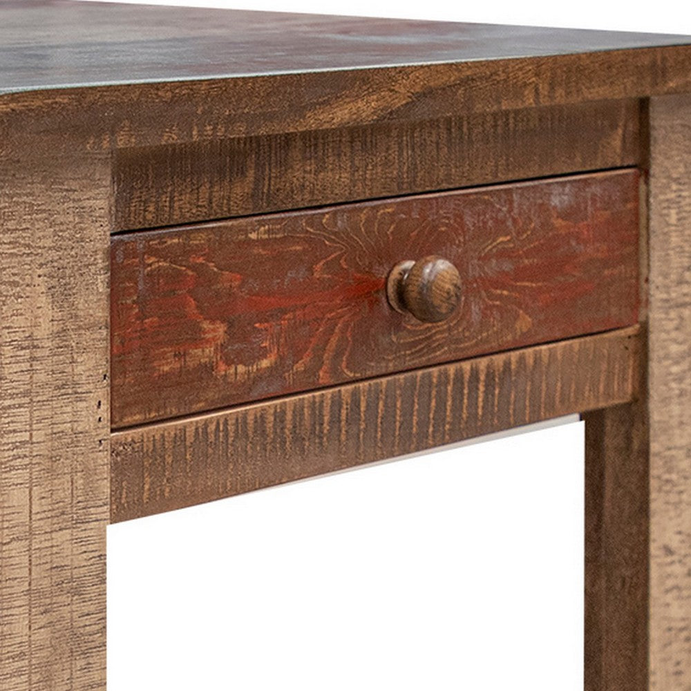Benjara Fena 23 Inch Wide End Table, Single Drawer, Multicolor Distressed Pine Wood