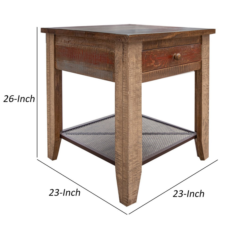 Benjara Fena 23 Inch Wide End Table, Single Drawer, Multicolor Distressed Pine Wood
