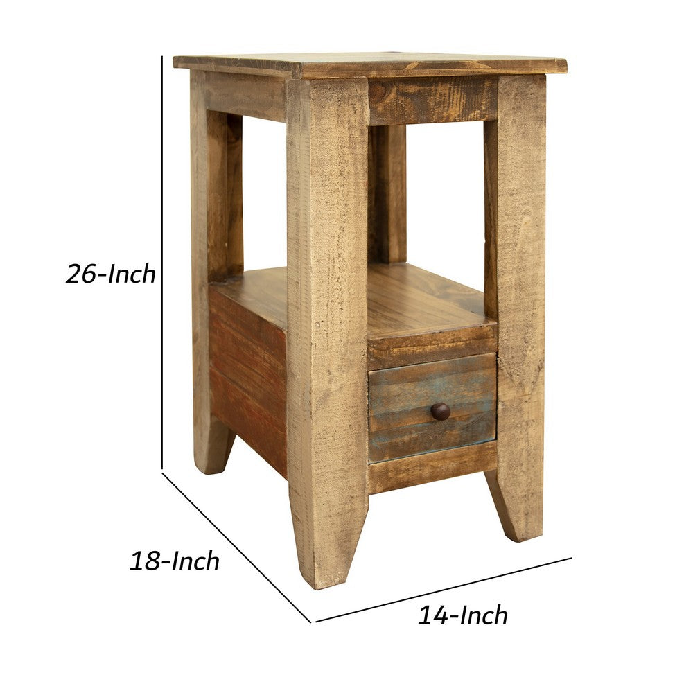 Benjara Fena 26 Inch Narrow End Table, Open Shelf, Multicolor Distress Pine Wood