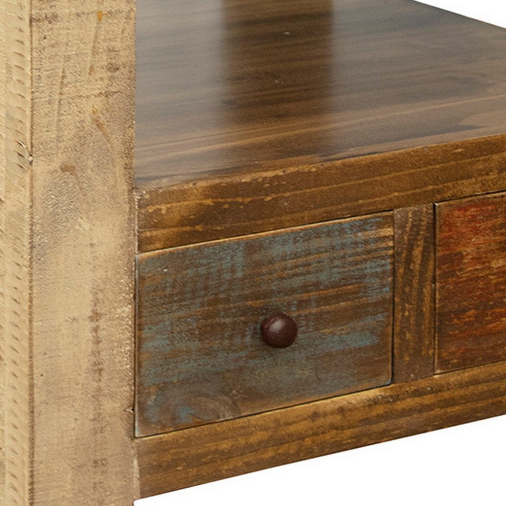 Benjara Fena 26 Inch 2 Drawer End Table, Open Shelf, Multicolor Distress Pine Wood