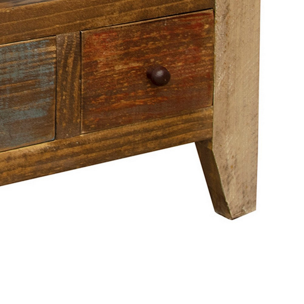 Benjara Fena 26 Inch 2 Drawer End Table, Open Shelf, Multicolor Distress Pine Wood