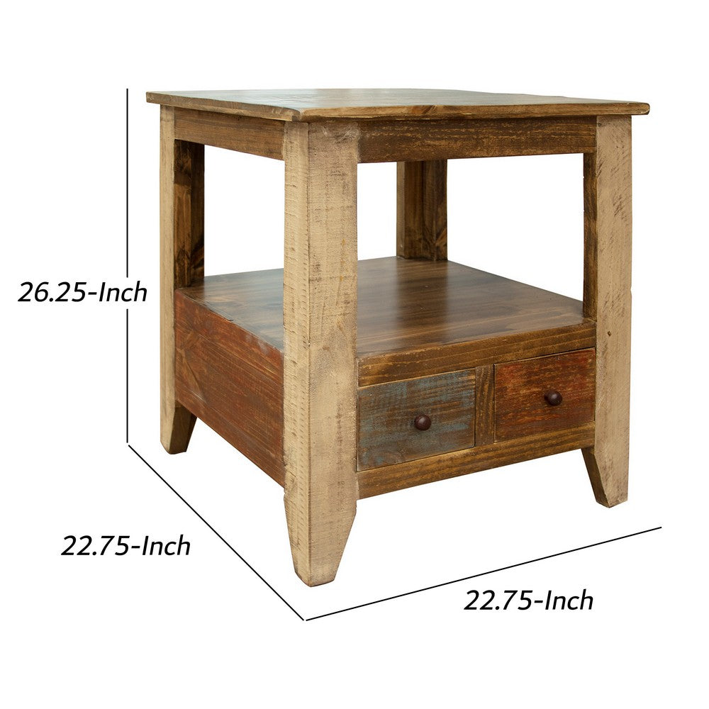 Benjara Fena 26 Inch 2 Drawer End Table, Open Shelf, Multicolor Distress Pine Wood