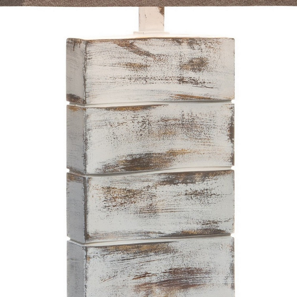Benjara Rina 29 Inch Table Lamp, Block Pedestal Stand, Hydrocal, Whitewashed