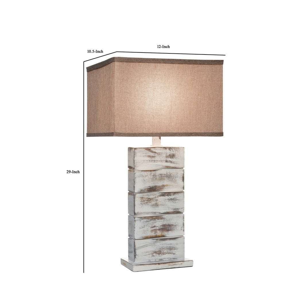 Benjara Rina 29 Inch Table Lamp, Block Pedestal Stand, Hydrocal, Whitewashed