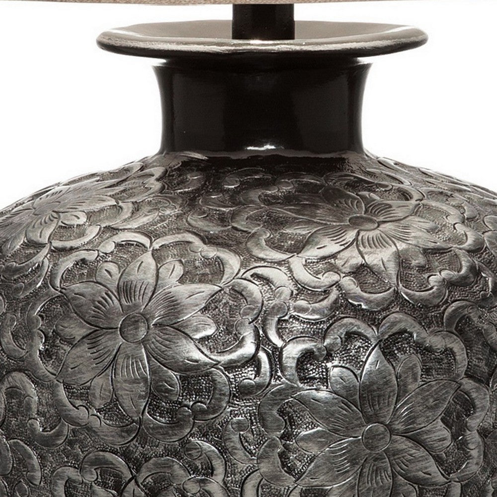 Benjara Neji 26 Inch Table Lamp, Curved Pot Design Base, Floral Pattern, Silver