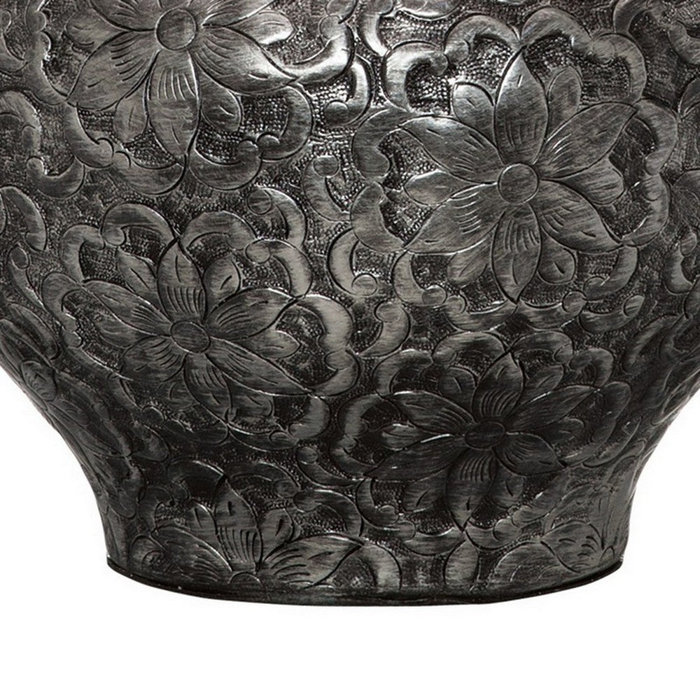 Benjara Neji 26 Inch Table Lamp, Curved Pot Design Base, Floral Pattern, Silver