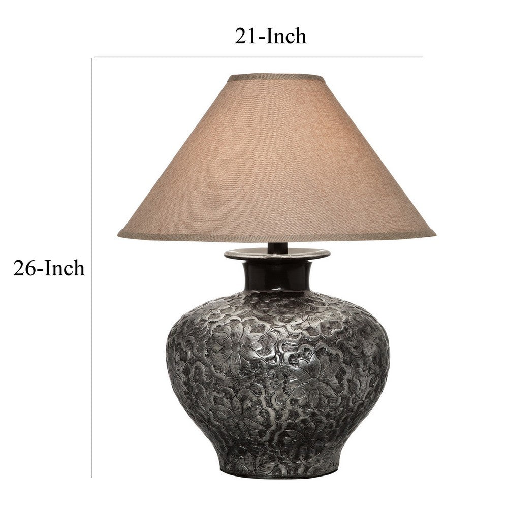 Benjara Neji 26 Inch Table Lamp, Curved Pot Design Base, Floral Pattern, Silver
