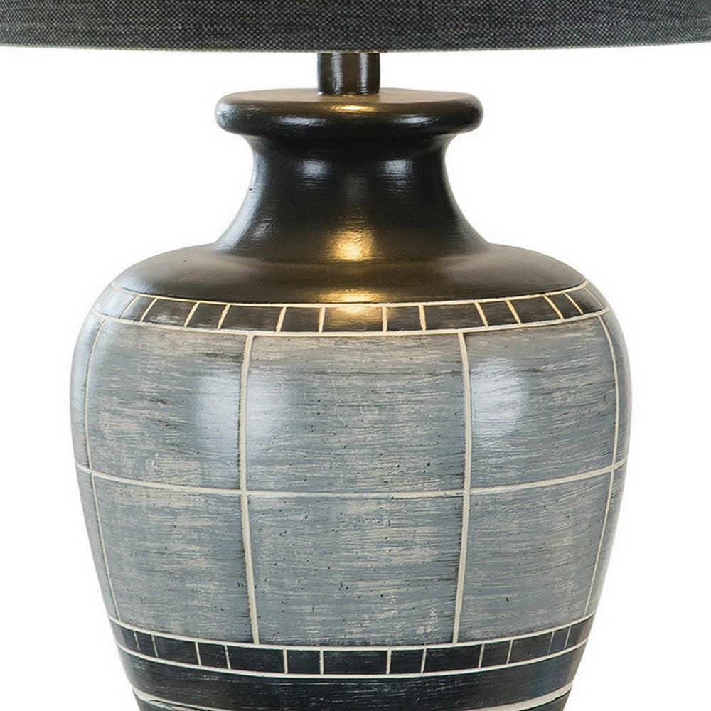 Benjara Riza 30 Inch Table Lamp, Curved Vase Shape, Dual Tone Gray, Drum Shade