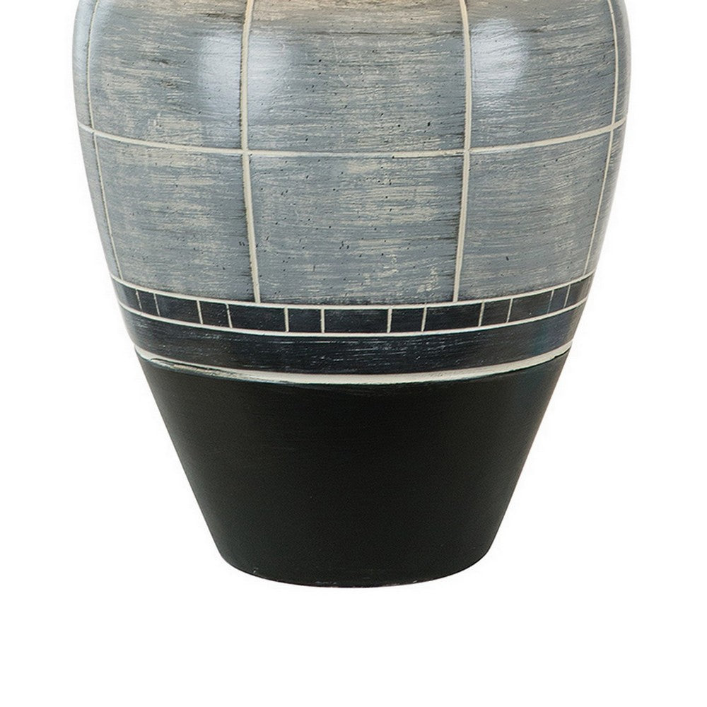 Benjara Riza 30 Inch Table Lamp, Curved Vase Shape, Dual Tone Gray, Drum Shade